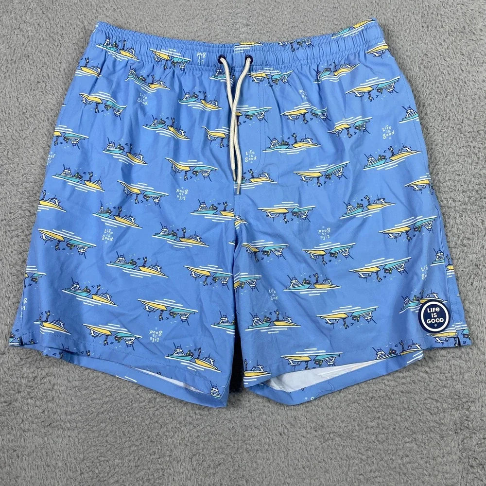 Life Is Good Swim Trunks Mens Large Blue Fishing Boat Board Shorts
